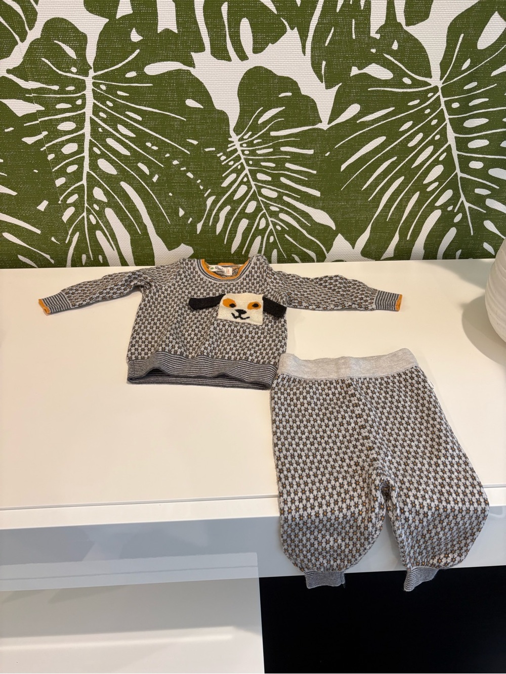 Bonnie Baby Gray and Cream Houndstooth Knit Pajama Set with Dog Face
